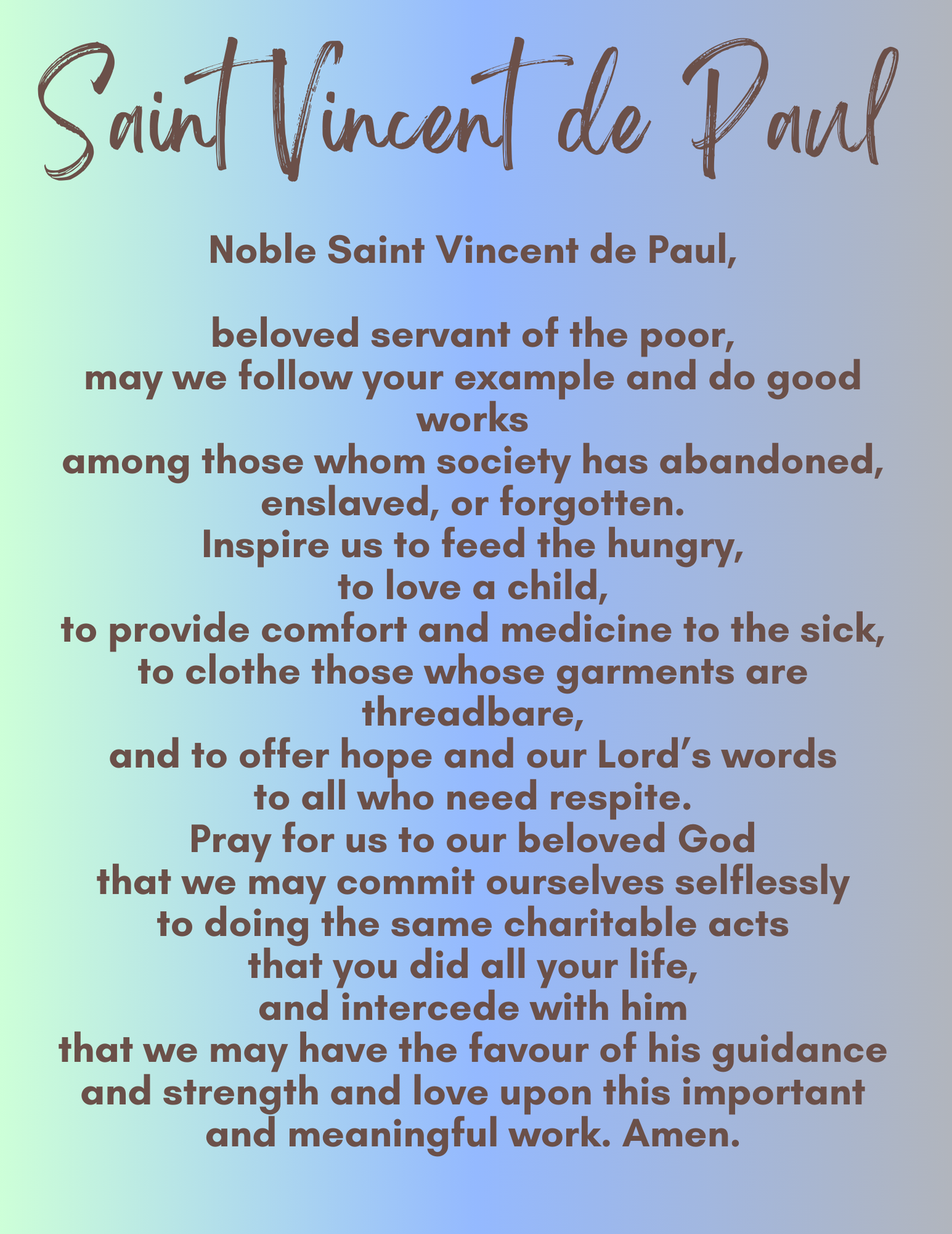 NCS St Vincent de Paul Prayer Card Back Side